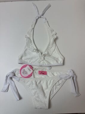 Planet Sea Girls 6y 2 Piece Swimsuit White Crochet Halter Bikini Set Ruffle NWT